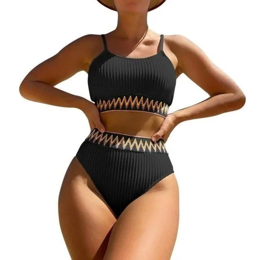 ✨ BNWT Boho Black Ribbed High-Waisted Bikini Set - Medium